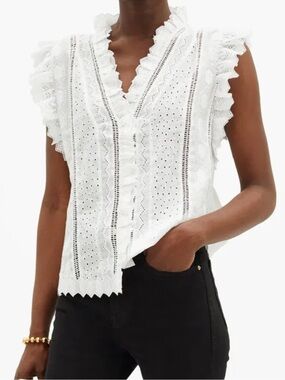 Lauren Broderie-Anglaise Ruffled Ramie Blouse